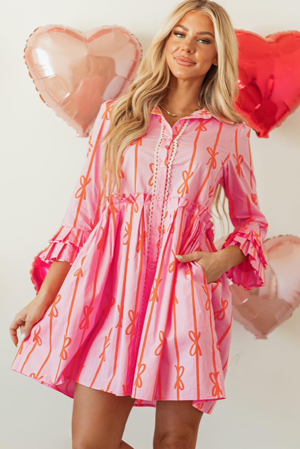 Pink Bowknot Striped Printed Tiered Ruffled Mini Shirt Dress