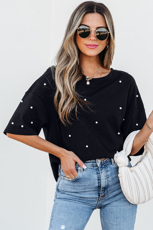 Black Pearl Beaded Drop Shoulder Crewneck T Shirt