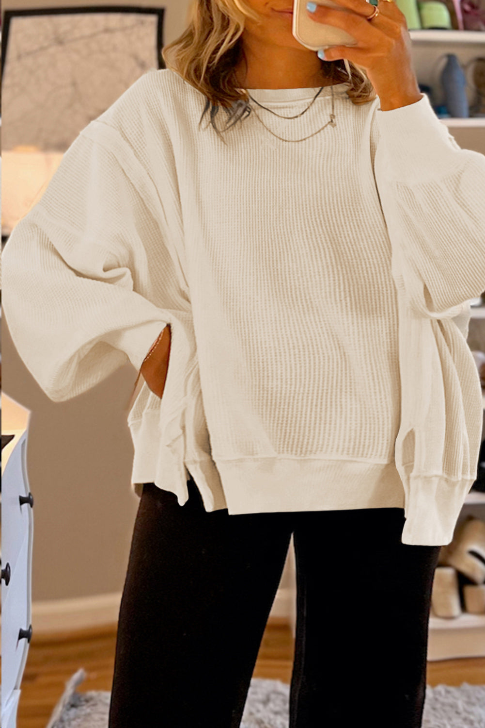 White Solid Color Waffle Knit Drop Shoulder Plus Size Sweatshirt