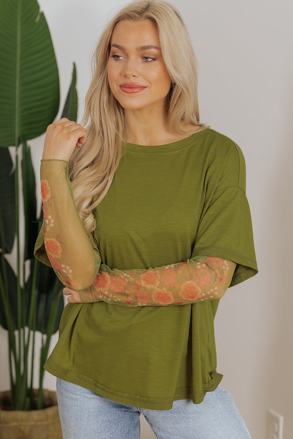 Fern Green Faux Two Piece Floral Long Sleeve Patchwork Tee