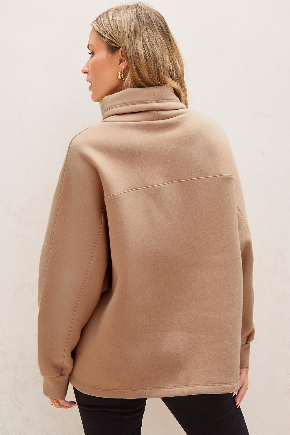 Apricot Drawstring Turtleneck Dolman Sleeve Sweatshirt