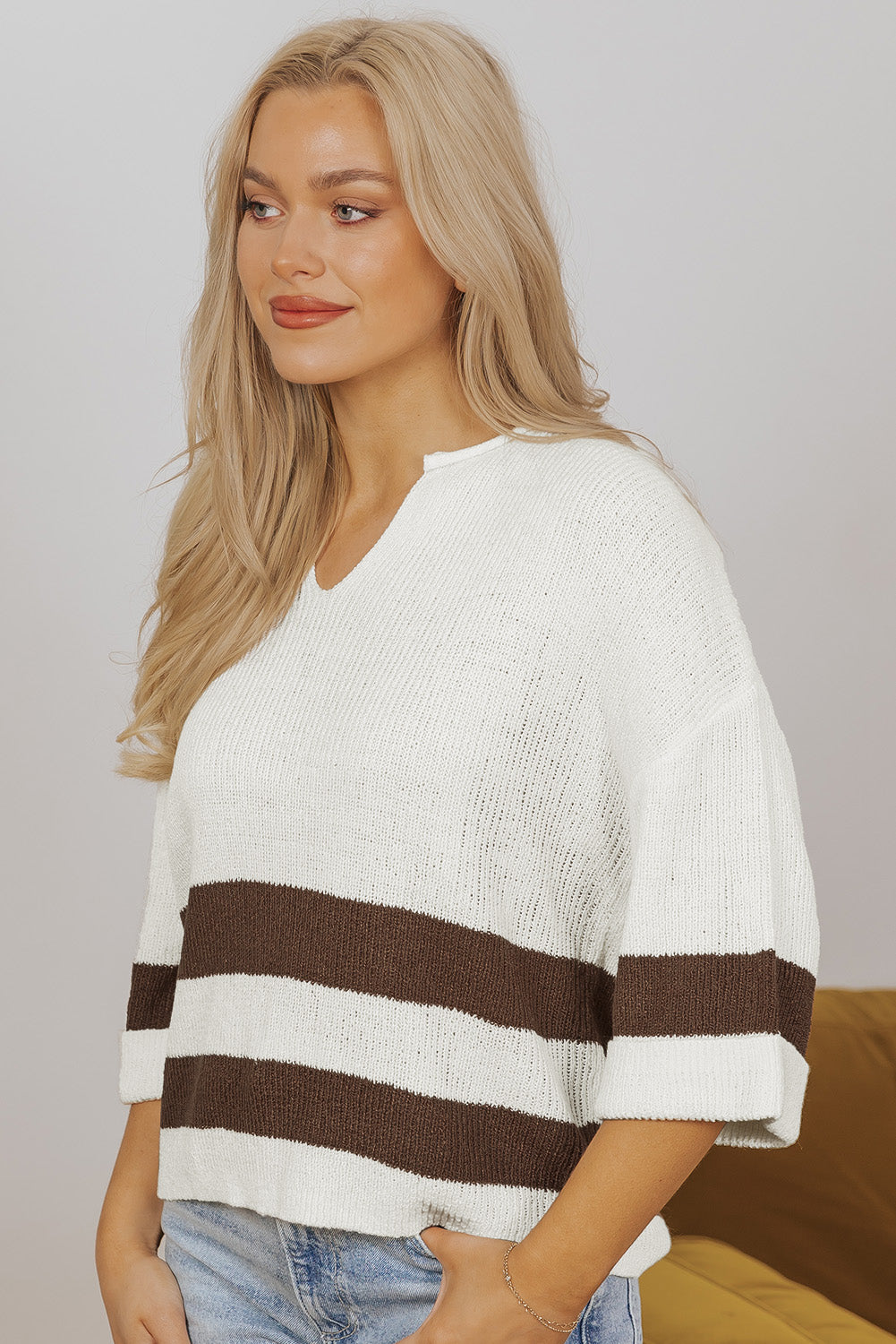 Brown Striped Accent Notched V Neck Cropped Sweater T Shirt