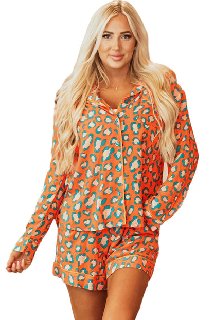 Orange Leopard Print Long Sleeve Shirt and Shorts Pajama Set