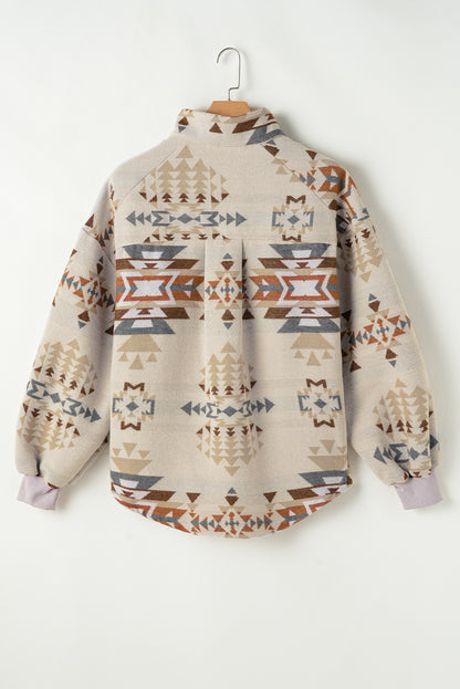 Apricot Aztec Print Collared Flap Pocket Sweatshirt