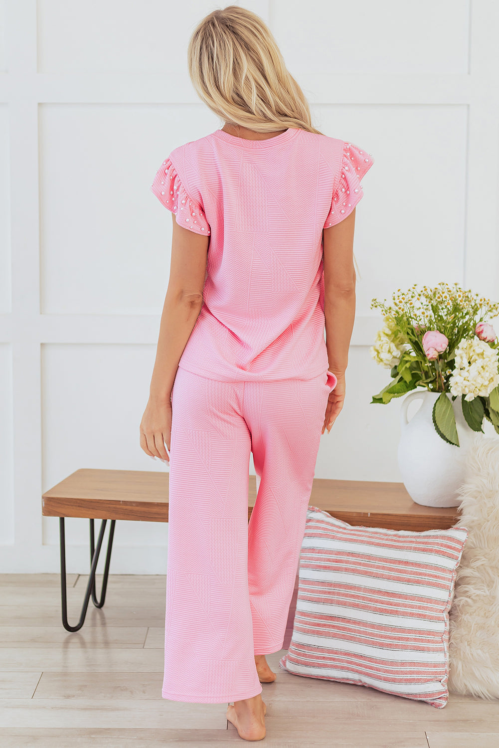 Pink Textured Top & Pant Set