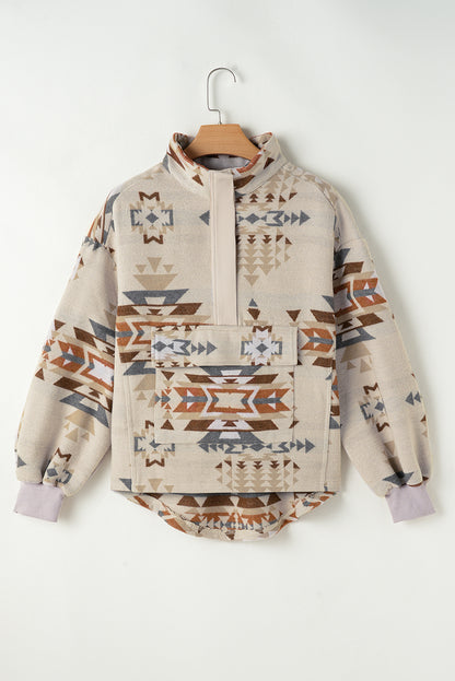 Apricot Aztec Print Collared Flap Pocket Sweatshirt